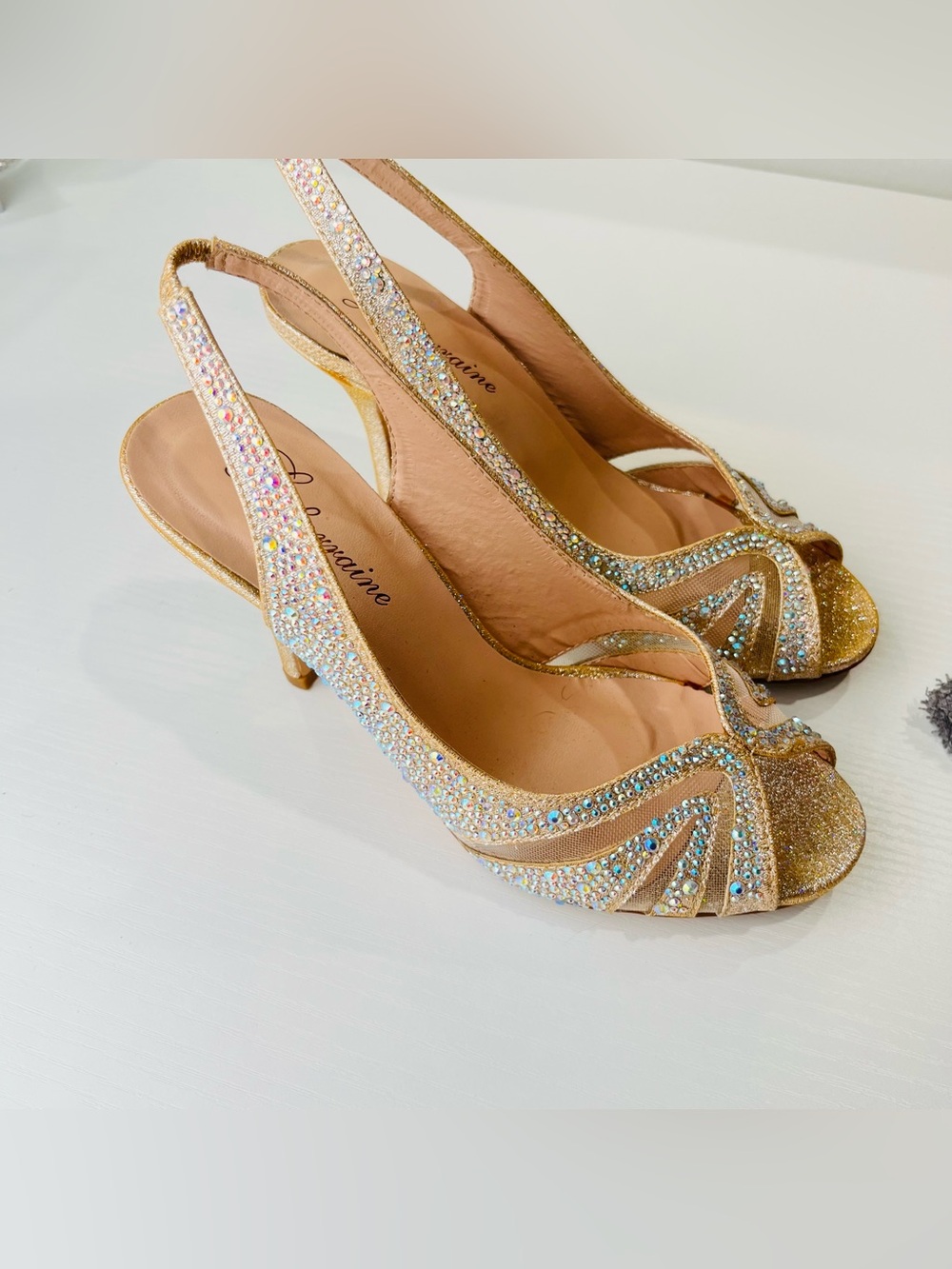 Crystal-Embellished Gold Slingback Heels